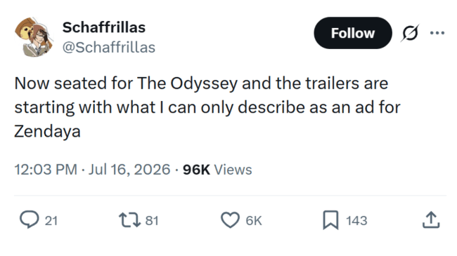 Sarcastic tweet describing movie theater trailers before a screening of Christopher Nolan's the Odyssey.