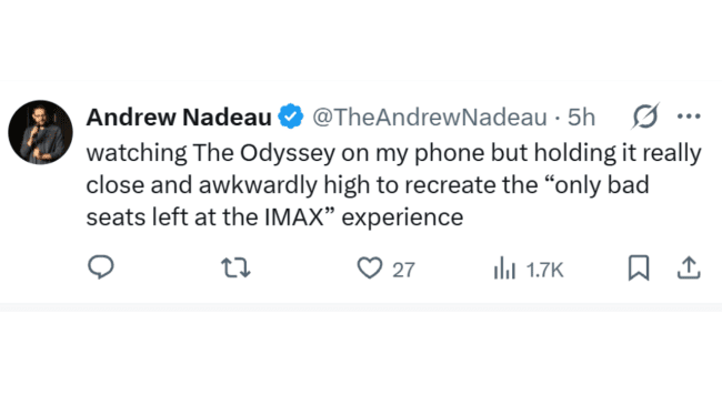 Funny tweet about recreating an IMAX movie theater seating experience while watching the Odyssey.