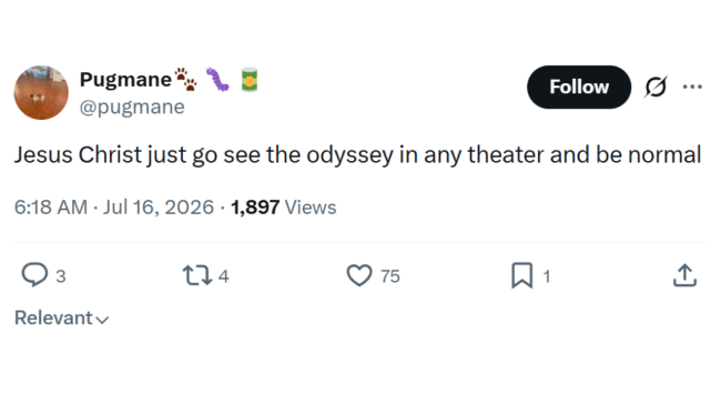 Text post pleading with cinema audiences to watch the Odyssey movie without any gatekeeping.