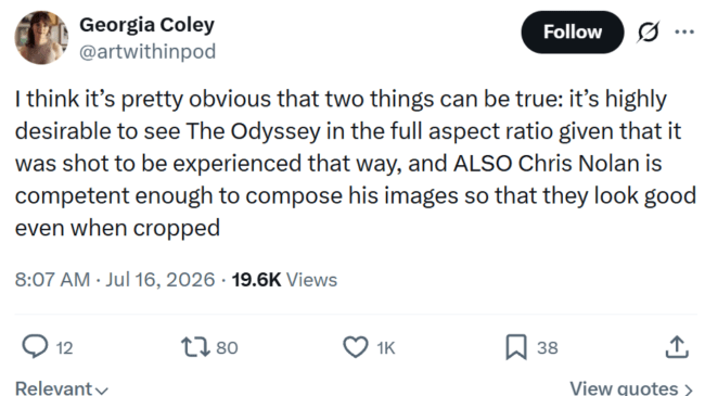 Twitter post discussing film director Christopher Nolan and the aspect ratio of the Odyssey.