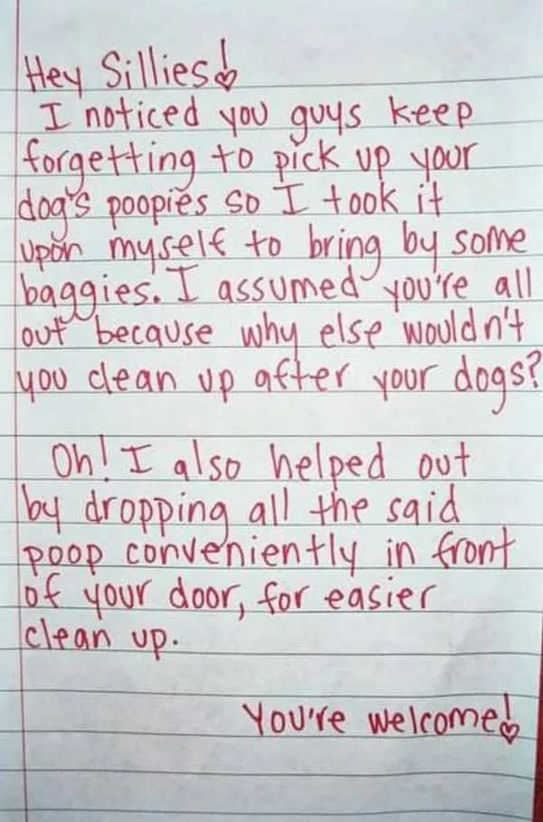 Handwritten note in red ink titled Hey Sillies detailing dog poop left at a doorstep.