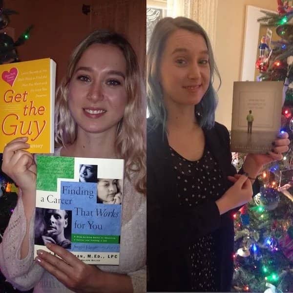 Two women holding up self-help books with subtle judgmental expressions during Christmas.