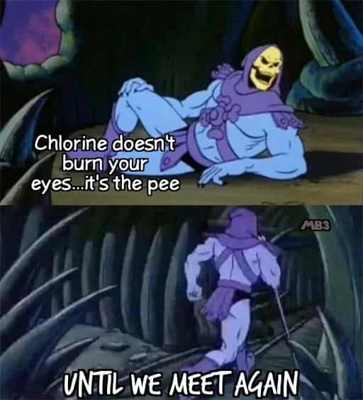 Skeletor character running away while dispensing unhelpful facts about swimming pool chlorine water chemical composition.
