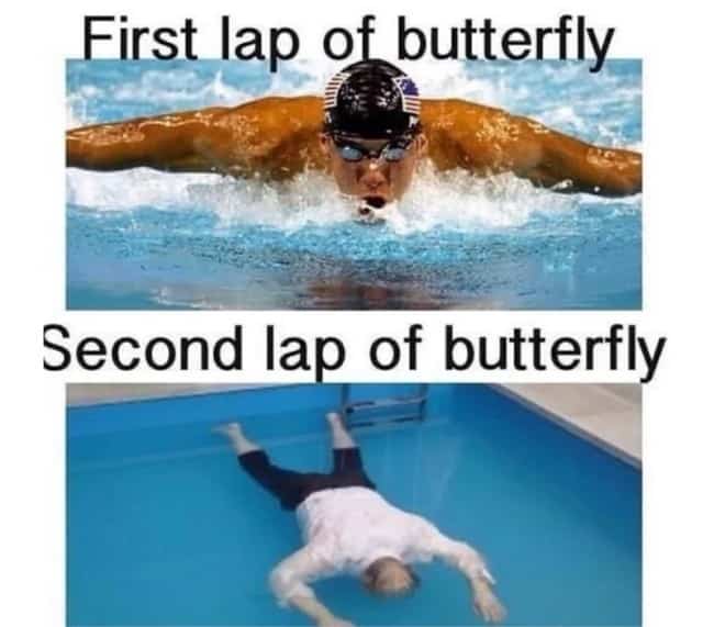 Split comparison showing a competitive swimmer followed by a completely exhausted swimmer floating underwater motionless.