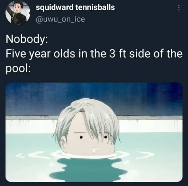 Anime character head floating quietly right at water line in shallow swimming pool area.