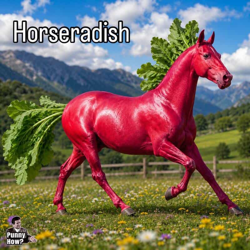 Red horse painted to look like a radish running through a grassy field.