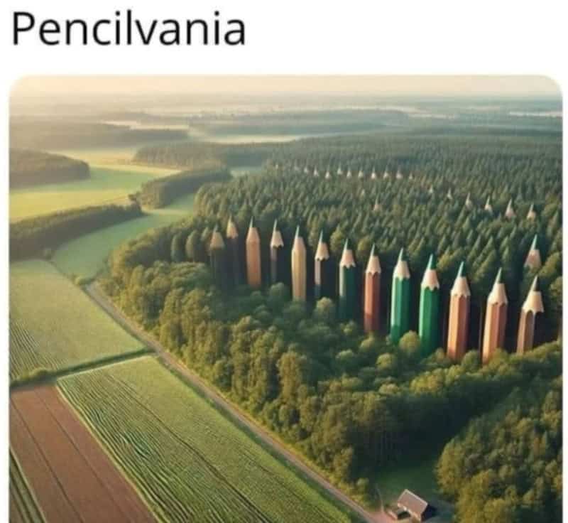 Aerial view of a forest with rows of trees shaped like sharpened pencils.