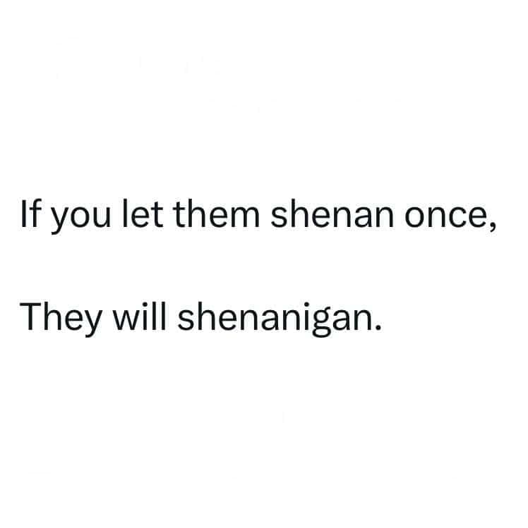 A conceptual linguistic punny meme text post tracking a strict warning about bad behavior, stating that if you let people "shenan once," they will inevitably "shenanigan."