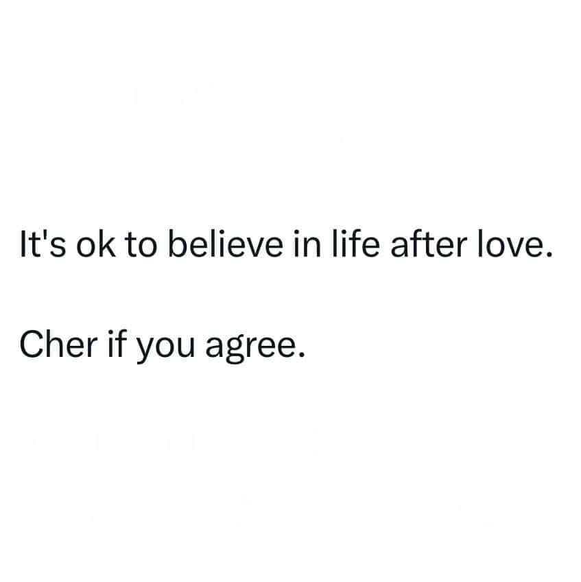 A pop-music text punny meme that references a classic late-90s dance hit, telling readers that it is perfectly okay to believe in life after love before urging them to "Cher if you agree."