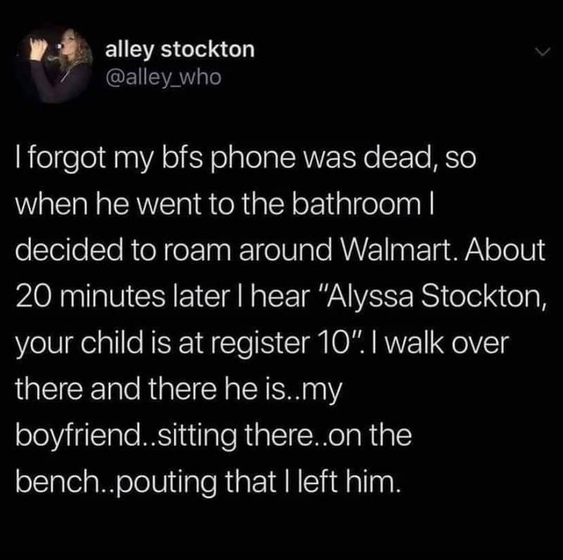 Text post describing a boyfriend getting himself paged at Walmart after being left behind.