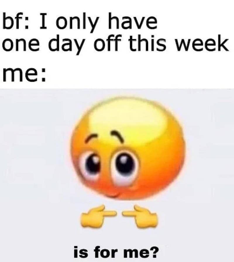 Cute blushing emoji pointing its fingers together with text asking if a day off is for me