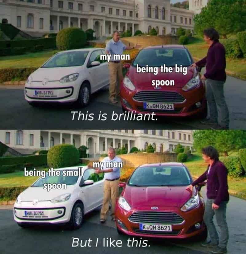 Top Gear car meme comparing being the big spoon versus preferring to be the small spoon.