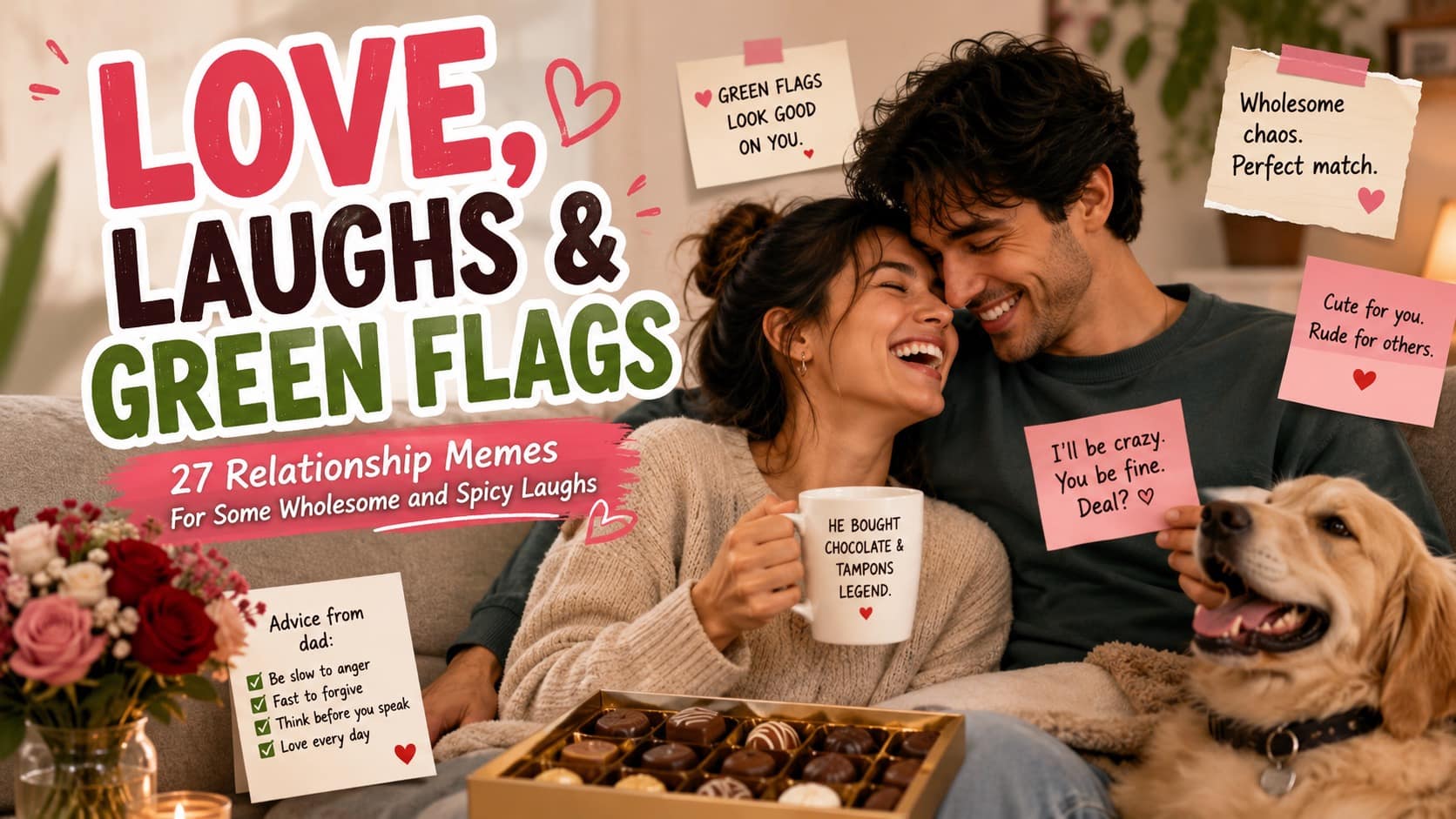A massive collection of a viral relationship memes archive capturing the wholesome highs and chaotic quirks of long-term love, showcasing a boyfriend buying chocolate as a period "medical necessity," a custom-programmed attention alert app, and a drunk husband ecstatic to learn his girlfriend is his wife.