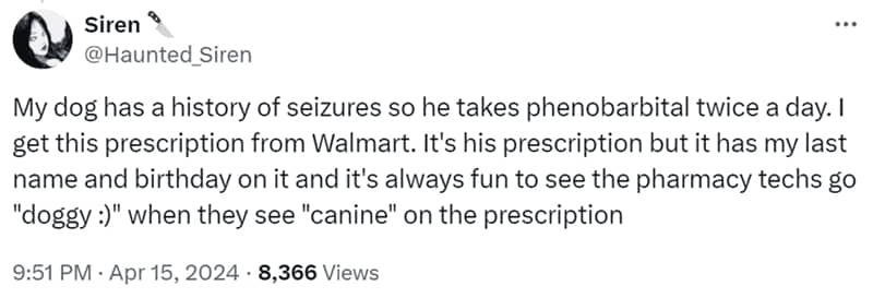 Tweet describing a dog's seizure prescription labeled with canine and hilarious ridiculous pet names.