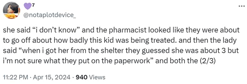 Twitter story about a pharmacist confusing a shelter animal's age for an abused human child.