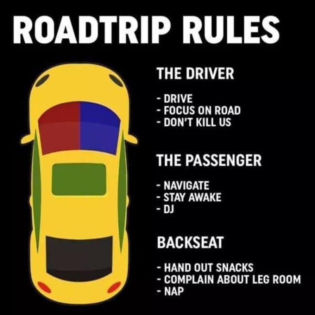 A definitive road trip meme charting a top-down diagram of vehicle seating zones alongside strict, comical rules for the driver, co-pilot passenger, and backseat snack-handlers.