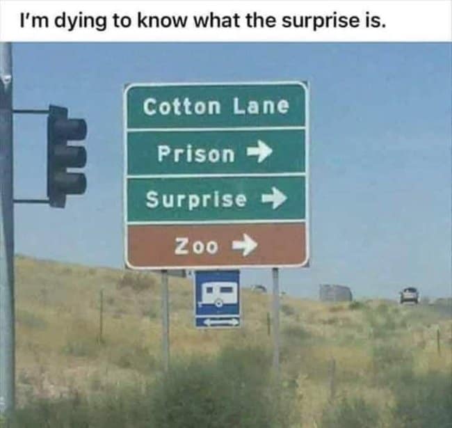 This confusing road trip meme shows a driver stuck behind two construction trucks giving completely contradictory directions on their rear signs.