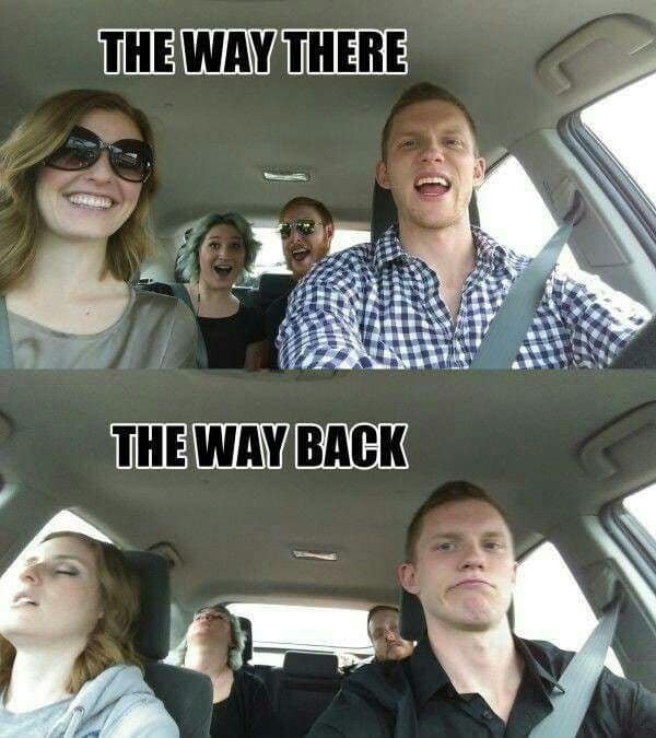 A highly accurate road trip meme contrasts the high-energy excitement of friends starting a drive with their completely passed-out exhaustion on the return journey.