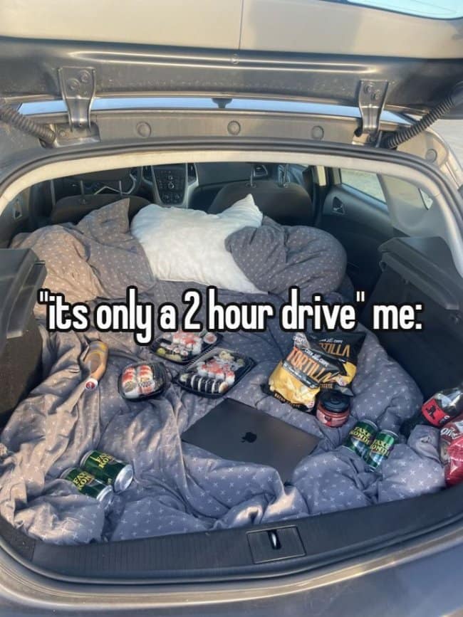 An over-prepared road trip meme highlights a car trunk transformed into a luxury lounge packed with pillows, a laptop, and platters of sushi for a short drive.