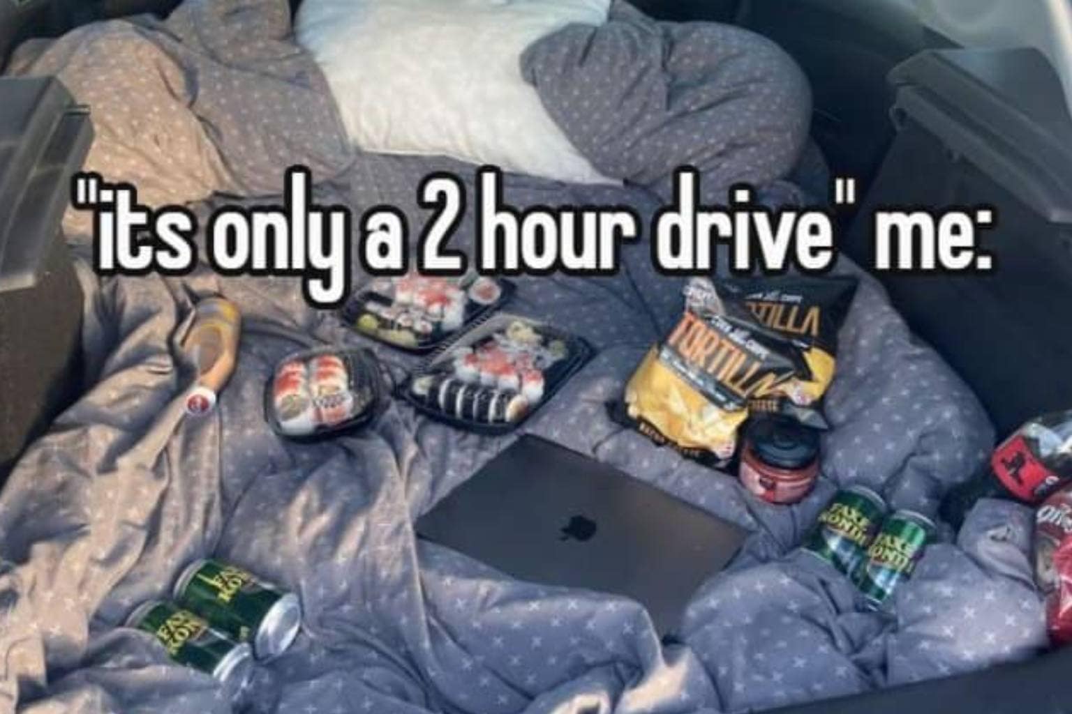 A hilarious compilation of road trip memes exploring travel chaos, featuring a car that fainted upside down at a gas station, truckers navigating with a children's play rug, and an RV driving with underwear drying on a back-window clothesline.