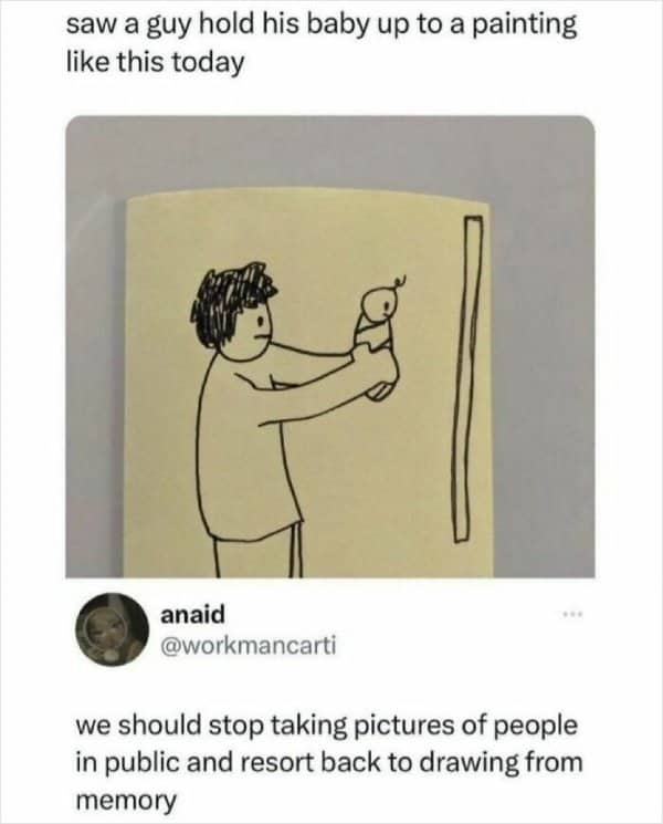 A simple sticky note sketch depicting a father holding his baby up to a wall painting.