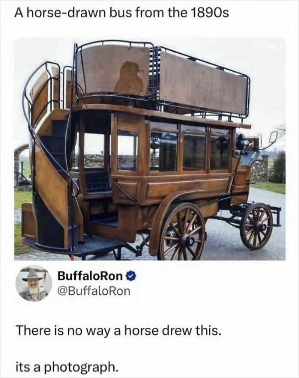 A tweet taking the phrase "horse-drawn bus" completely literally to make a joke about drawing
