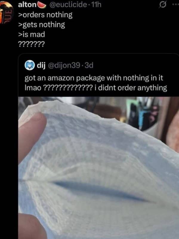 A social media post mocking someone who was confused by receiving an empty Amazon mailer.