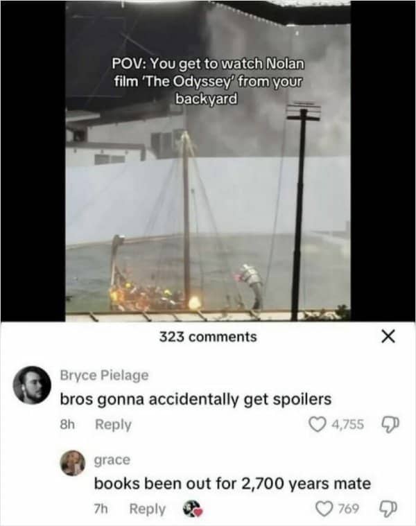 A comment thread pointing out that a film adaptation of Homer's epic cannot have spoilers.