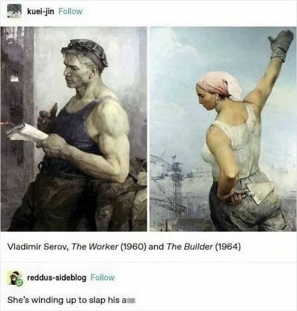 Two classical paintings of a builder and a worker positioned to look like a hilarious interaction.