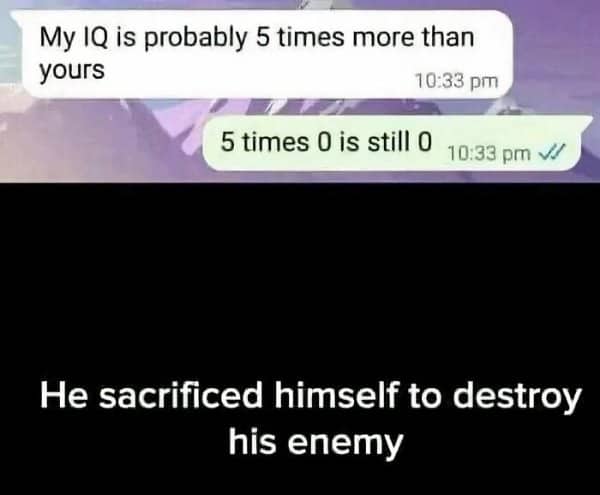 A screenshot of a text message roast calculating an IQ of zero times five.
