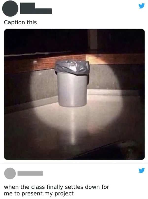 Twitter post showing a spotlight focused on a trash can used as a self-burn meme.