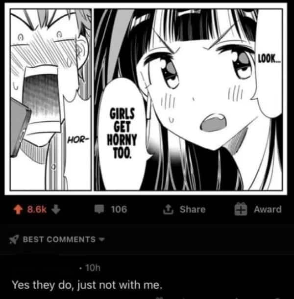 Anime screenshot combined with a tragic self-burn meme comment about romance and dating rejection.