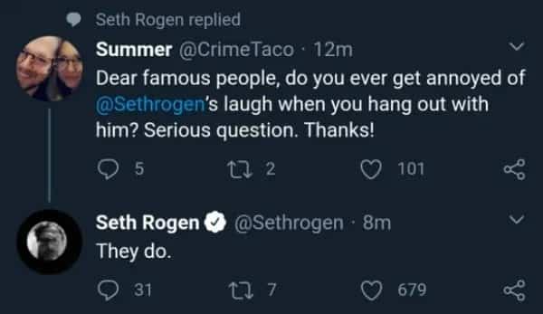 Famous actor Seth Rogen delivering a perfect self-burn meme response on a Twitter thread.