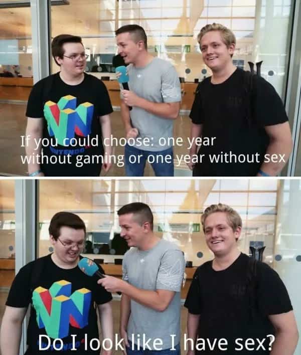 Two panel street interview showing a gamer delivering a brutally honest self-burn meme response.