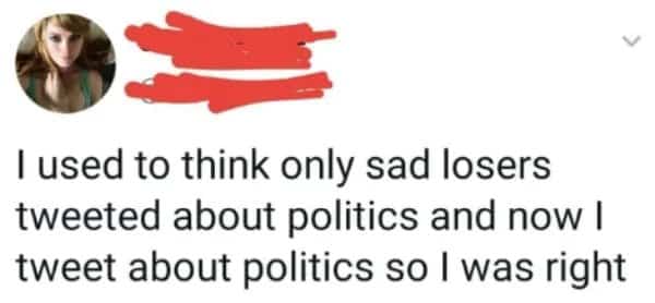 Funny political tweet highlighting a user calling themselves a sad loser self-burn meme.