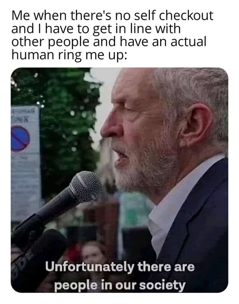 Political speech screenshot meme reacting dramatically to forced human interaction at store checkout.