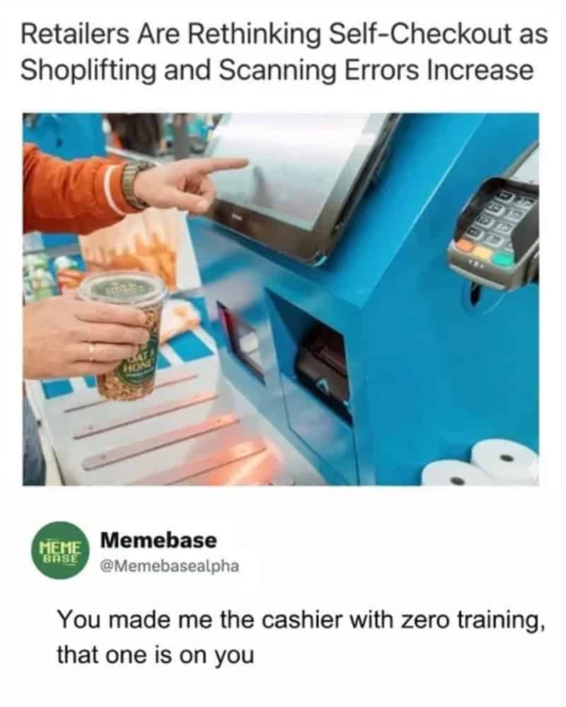 Headline about retailers rethinking self-checkout paired with tweet blaming lack of cashier training.