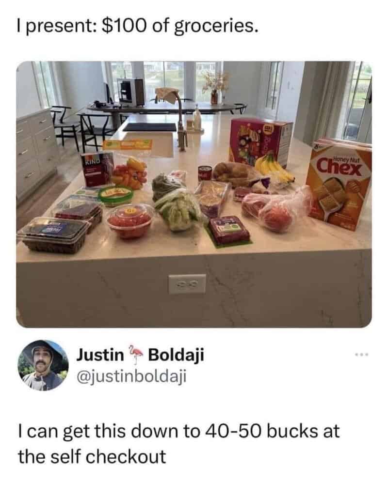 Counter full of groceries meme with tweet claiming self-checkout discounts through scanning tricks