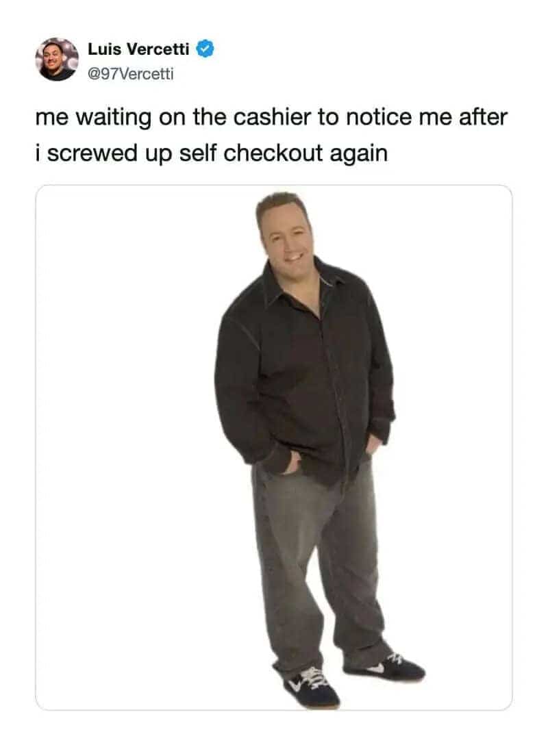 Kevin James hands in pockets meme depicting waiting awkwardly for cashier at self-checkout.