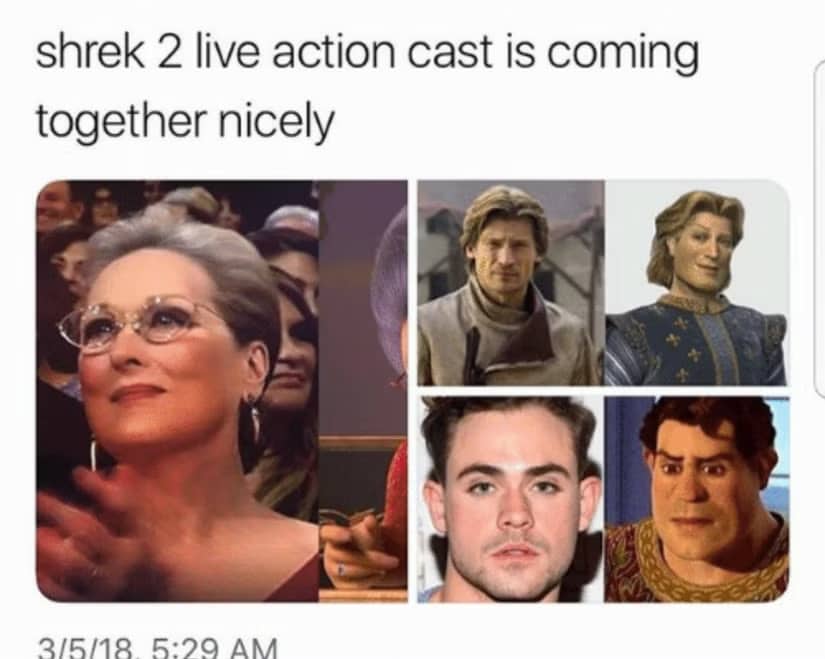 A side-by-side comparison of Shrek 2 characters Fairy Godmother, Prince Charming, and human Shrek with their real-life actor lookalikes Meryl Streep, Nikolaj Coster-Waldau, and Dacre Montgomery.
