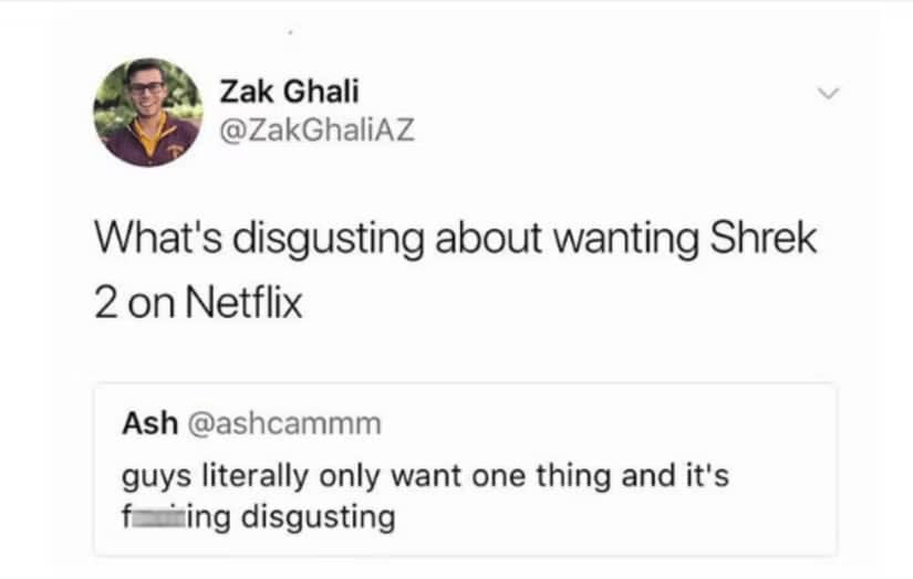 A Twitter interaction about how guys literally only want Shrek 2 on Netflix.