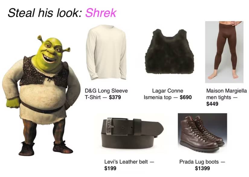 A Steal His Look meme showcasing Shrek's iconic outfit with incredibly expensive designer clothing brands.
