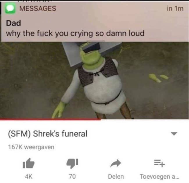 A meme showing a YouTube video of Shrek's funeral with an angry text message from Dad.