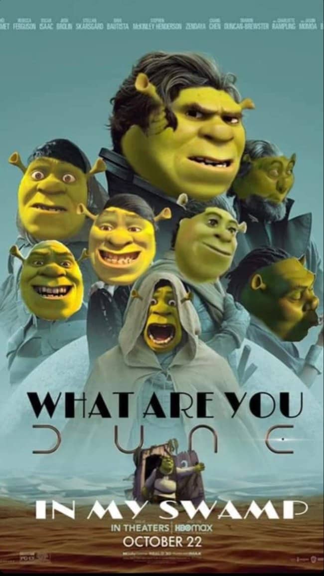 A photoshopped parody poster of Dune featuring Shrek's face on every character titled What Are You Dune In My Swamp.