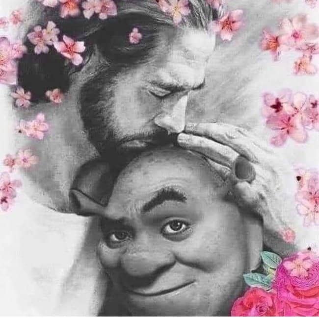 A black and white sketch of Jesus kissing a smiling Shrek on the head, framed by pink cherry blossoms.