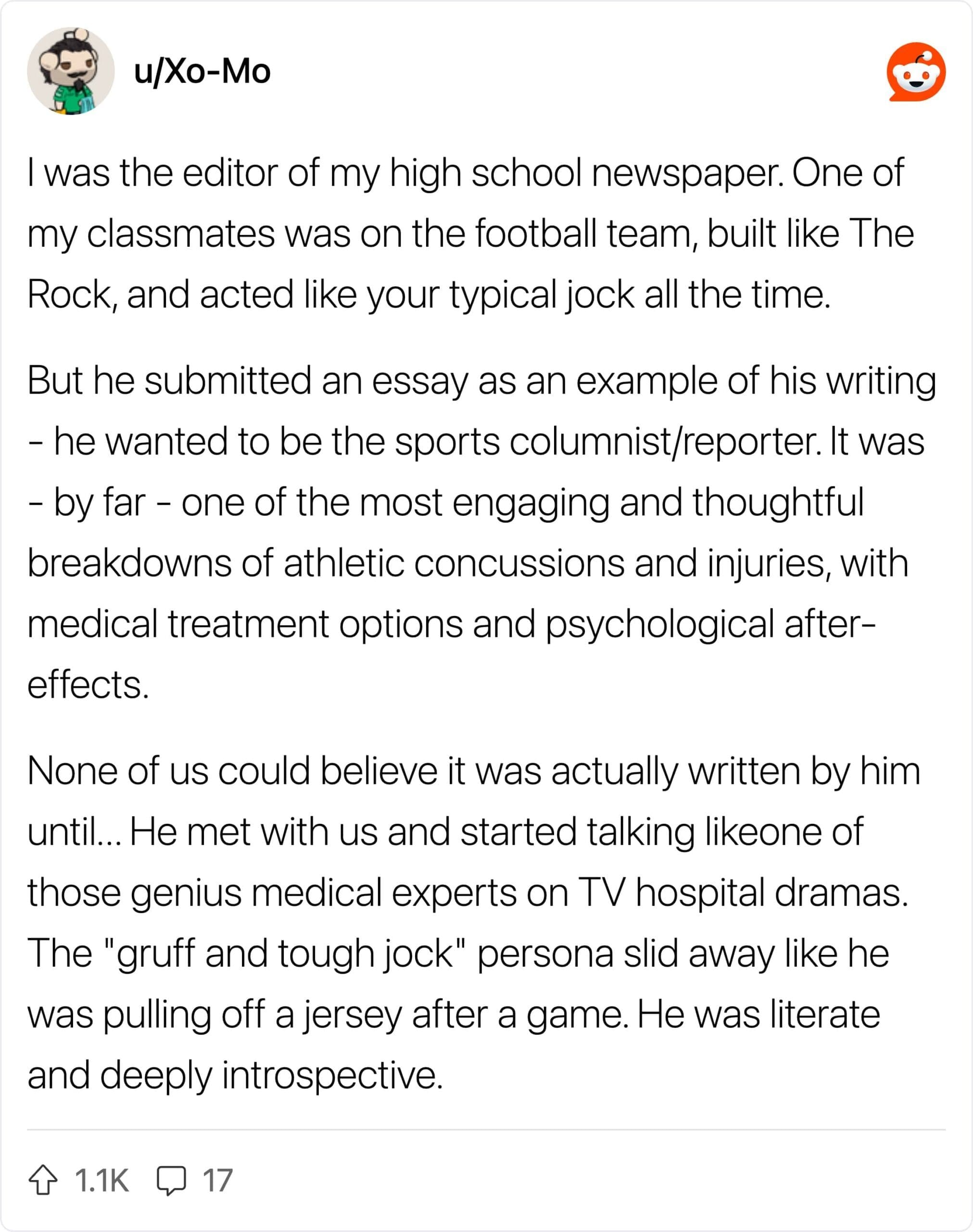 A Reddit post about a high school jock who shocked classmates with a brilliant medical essay