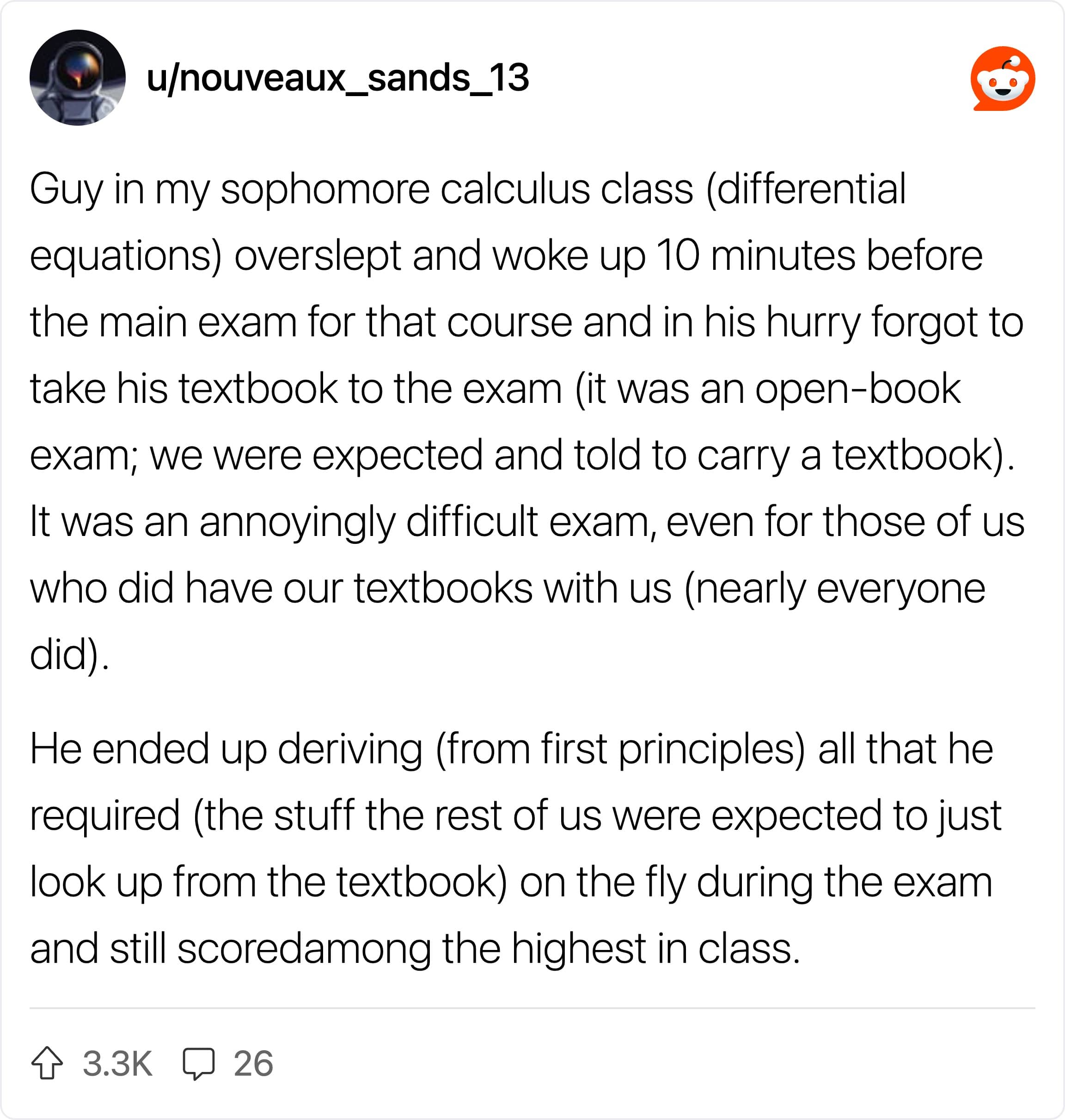 A Reddit post about a student who derived calculus formulas from first principles during an exam.