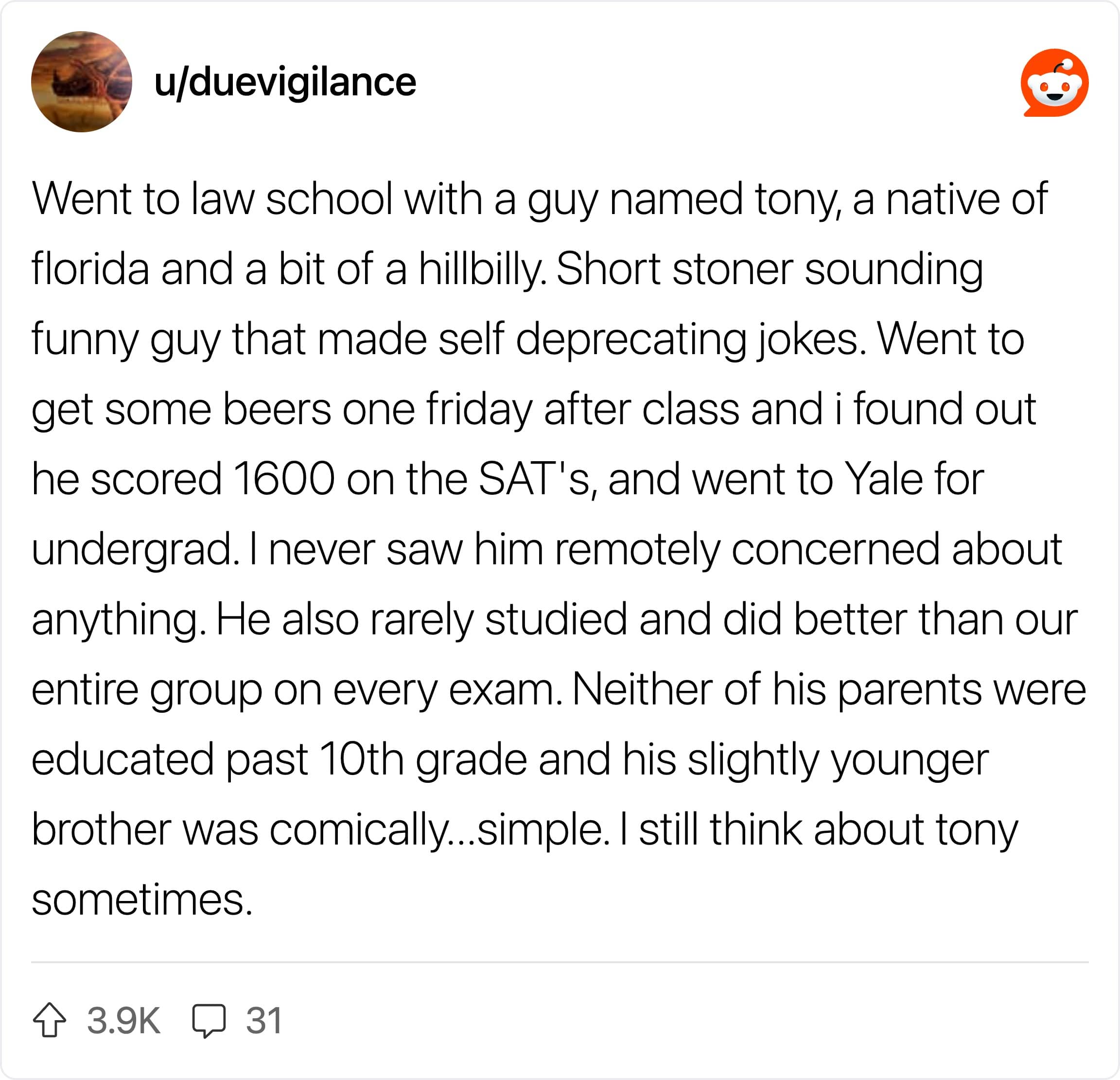 A Reddit post about a laid-back classmate from Florida who secretly achieved a perfect SAT score.
