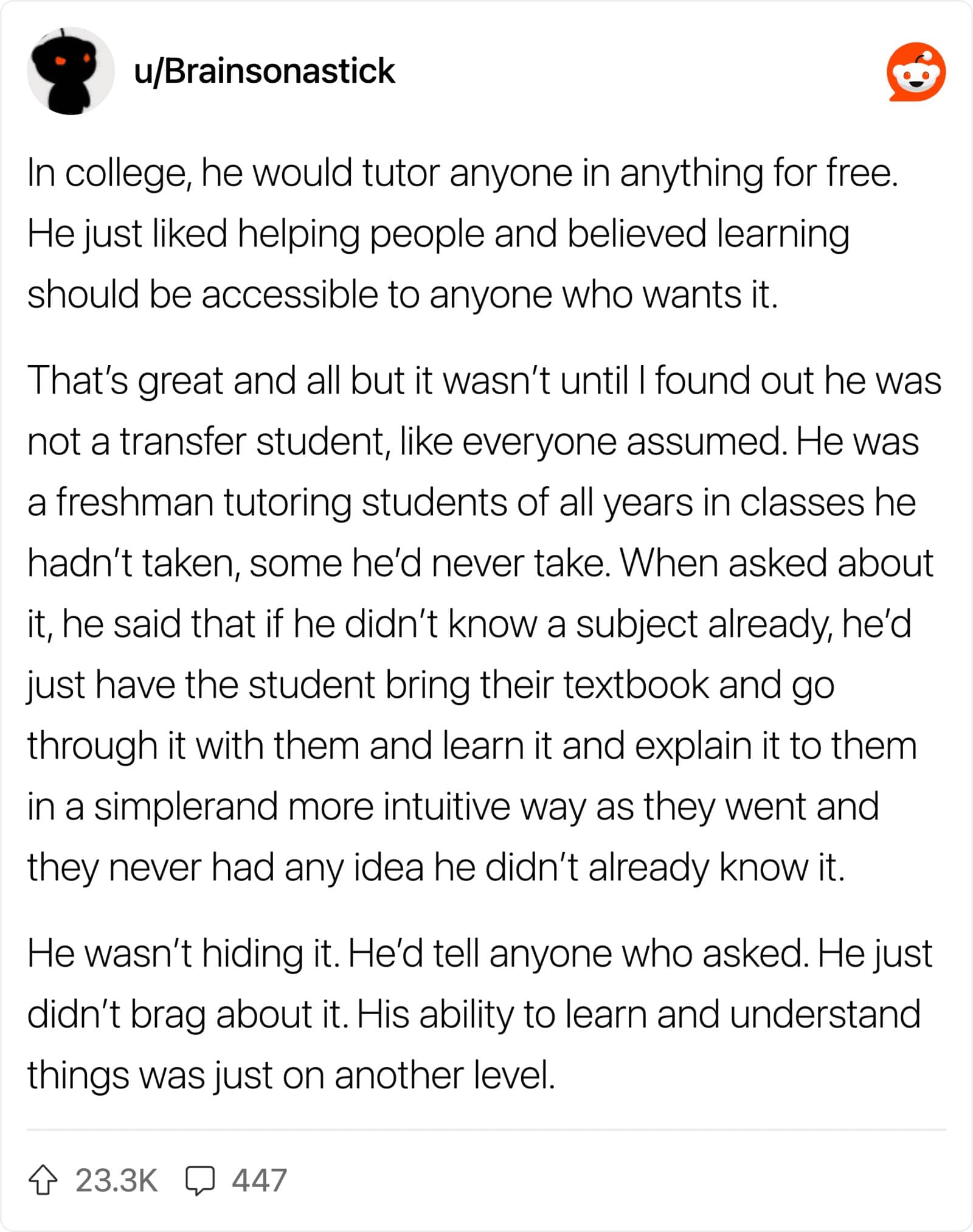 A Reddit post celebrating a genius college freshman who tutored advanced subjects by learning them instantly.