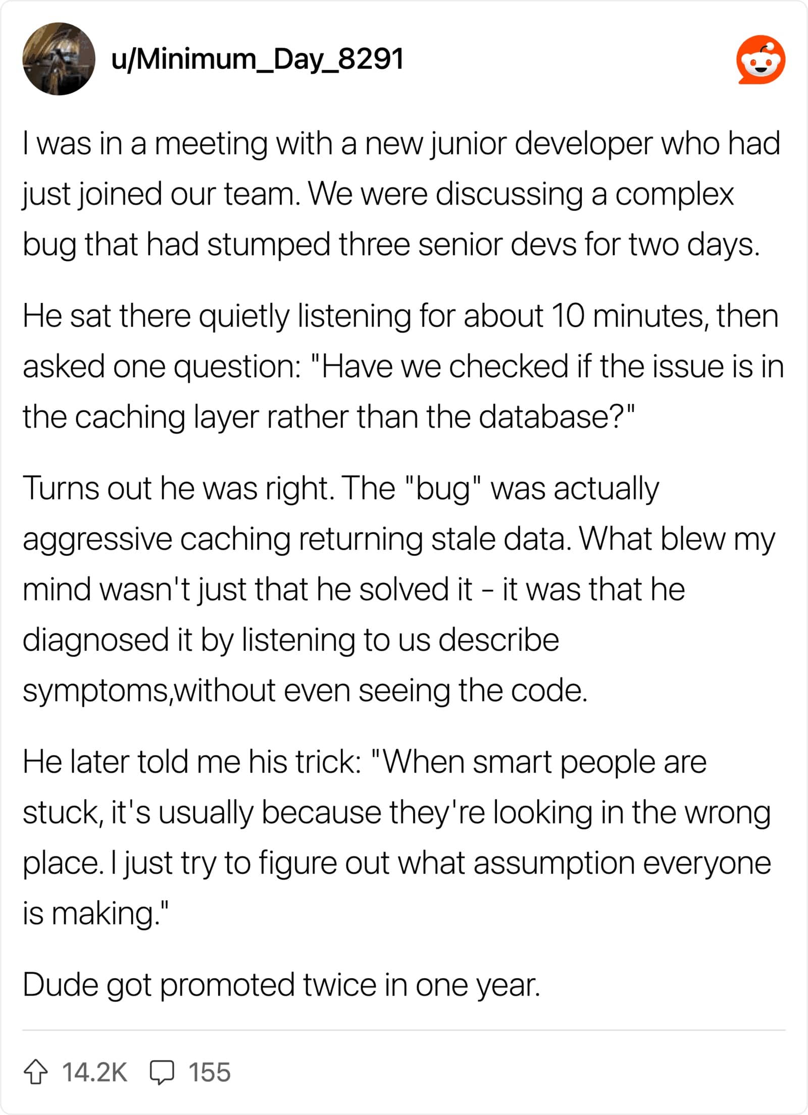 A Reddit post about a brilliant junior developer who solved a complex bug just by listening.